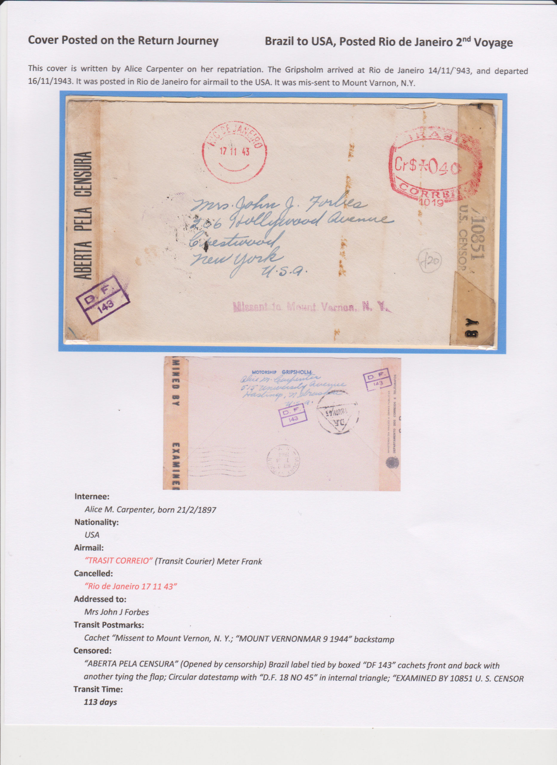 M. V. Gripsholm Mail, Diplomatic Exchange Vessel, Far East WWII ...